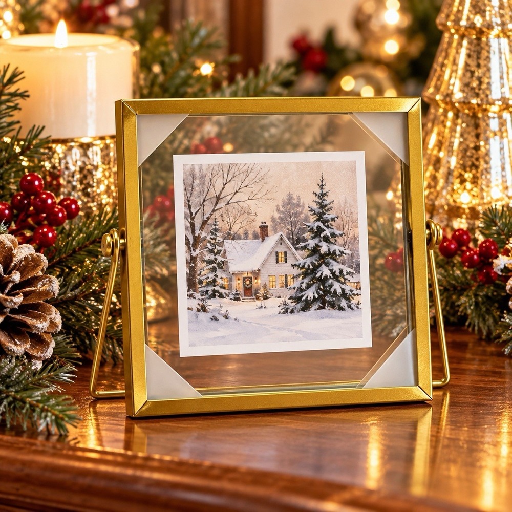 Gold Metal Floating Glass Photo Frame 4x4 Square Easel Tabletop Picture Frame